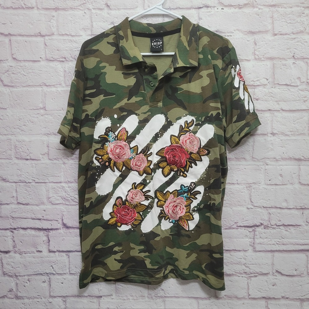 KRISP NYC Camo Polo Shirt Size L Embroidered Roses‎ Streetwear Hip Hop Grunge